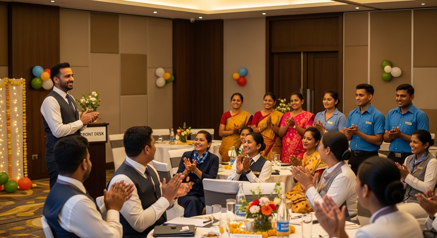 Hotel employees in India celebrating a townhall meeting as the General Manager speaks at the front